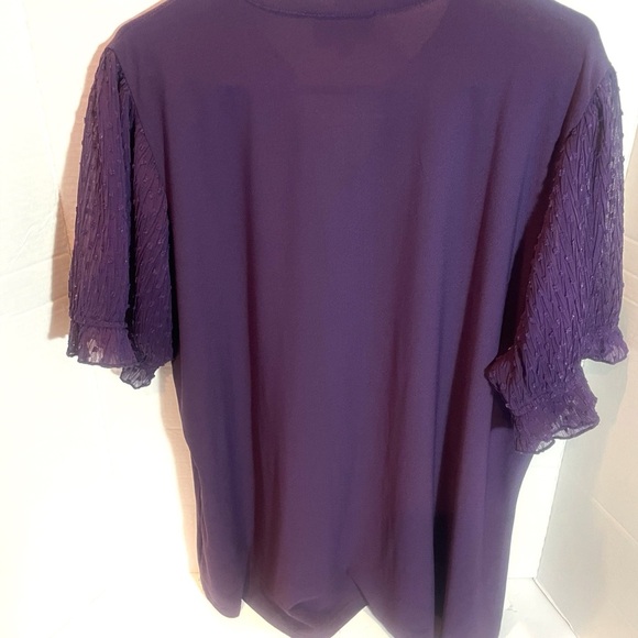Flower and Feather Purple Womens Blouse with Sheer Decorative Short Sleeves - Picture 3 of 12